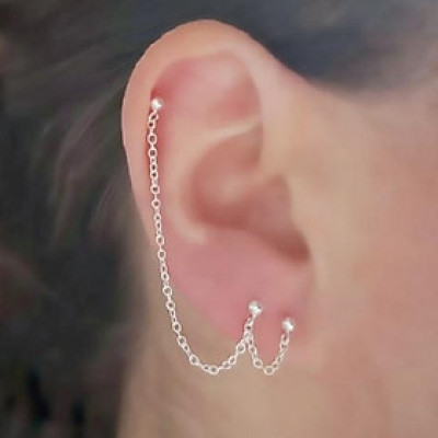 Bông tai xích mỏng chữ W ba điểm đeo lỗ đinh thời trang unisex cực cool