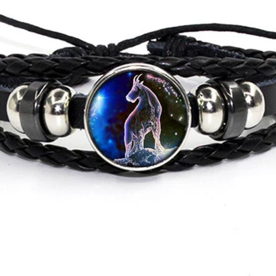 Vòng Đeo Tay Giả Cổ Dây Da Bệt Tết Phong Cách Retro Mặt Vòng Hình 12 Cung Hoàng Đạo Có Thể Điều Chỉnh Độ Rộng