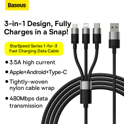 Cáp sạc 3 đầu Baseus StarSpeed 1 for 3 Fast Charging Data Cable USB to M+L+C 3.5A - Hàng chính hãng