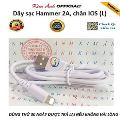 Dây sạc Ham mer chân cắm IOS (L ) dòng điện 2A, Kim Ánh bảo hành hàng chính hãng 12 tháng