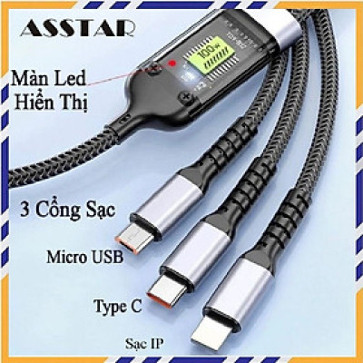 Dây Sạc Nhanh, Cáp Sạc 3 Đầu Công Suất Tối Đa 100W, Sạc Tất Cả Các Dòng Máy, Dây Dài 1-1.2m Loại Dây Dù Chống Đứt - Hàng Nhập Khẩu