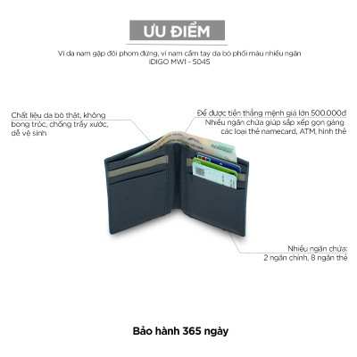 Ví da nam gập đôi phom đứng phối màu nhiều ngăn IDIGO MW1-5045