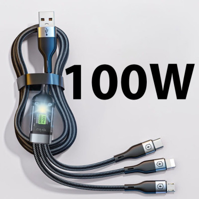 Dây Sạc Nhanh, Cáp Sạc 3 Đầu Công Suất Tối Đa 100W, Sạc Tất Cả Các Dòng Máy, Dây Dài 1-1.2m Loại Dây Dù Chống Đứt - Hàng Nhập Khẩu