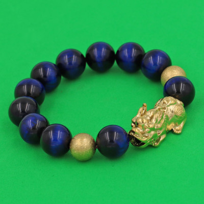 Vòng chuỗi đeo tay đá mắt hổ vàng đen 14 ly ( size lớn ) charm tỳ hưu và bi inox vàng, vòng tay chuỗi hạt