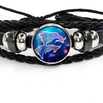 Vòng Đeo Tay Giả Cổ Dây Da Bệt Tết Phong Cách Retro Mặt Vòng Hình 12 Cung Hoàng Đạo Có Thể Điều Chỉnh Độ Rộng