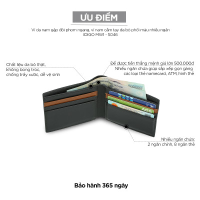 Ví da nam gập đôi phom ngang phối màu nhiều ngăn IDIGO MW1-5046