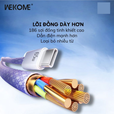 Cáp sạc nhanh Wekome WDC-21 C to C 65W bọc dù chống đứt, độ dài 1m akz ( hàng chính hãng)