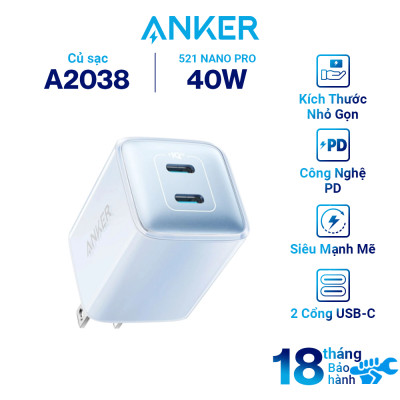 Adapter Sạc 2 Cổng ANKER 521 Nano Pro 40W Type-C Tích Hợp PIQ 3.0 A2038 - Hàng Chính Hãng
