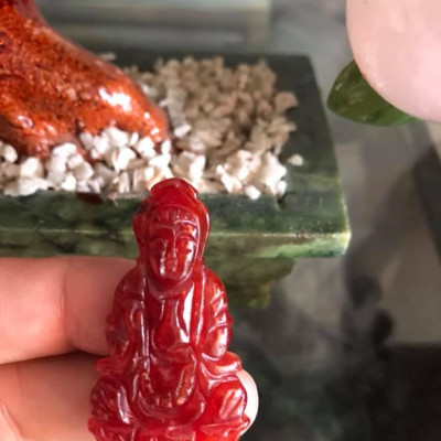 MẶT DÂY CHUYỀN NỮ Size Vừa C44mm xN23mm xS6mm  PHẬT QUAN ÂM ĐÁ CẨM THẠCH ĐỎ ĐẬM ĐẸP  NAM NỮ MỆNH HOẢ THỔ