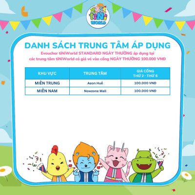 Vé cổng điện tử tiNiWorld STANDARD NGÀY THƯỜNG áp dụng tại các trung tâm tiNiWorld có giá vé vào cổng 100.000 VNĐ