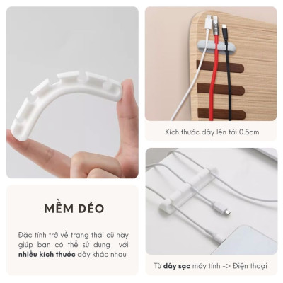 Kẹp cố định dây cáp, dây tai nghe, dây mạng, dây sạc... giúp gọn không gian 5 rãnh Màu ĐEN - Hàng chính hãng