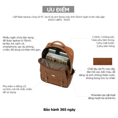 Balo Laptop Da Cao Cấp IDIGO UBP2-5050, Balo Công Sở Nam Nữ Nắp Gập Thời Trang Đựng Laptop 15 Inch