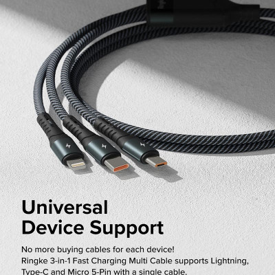 Cáp sạc nhanh đa năng cho điện thoại/tablet RINGKE 3-in-1 Fast Charging Multi Cable 1.2M - Hàng Chính Hãng