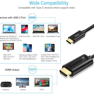 Dây cáp chuyển đổi cổng PD Type-C ra cổng HDMI chuẩn 4K dài 180cm hiệu CHOETECH CH009 cho điện thoại Macbook (Tốc độ ổn định 10Gbps@60Hz, Video chất lượng độ phân giải cao 4K) - Hàng chính hãng