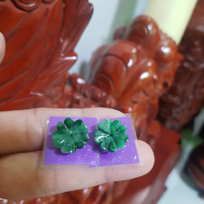Đôi Bông Tai Bông Mai Trái Tim Size trung mới đẹp 14mm x 4mm Đá Ngọc cẩm thạch tự nhiên xanh đậm điểm sơn thủy bóng đẹp Nữ mệnh Thủy bọc vàng đeo rất đẹp sang ạ