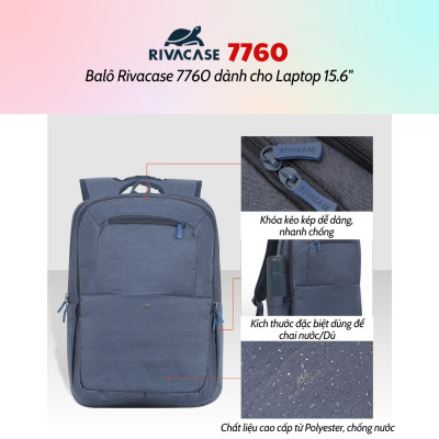 Balô Rivacase 7760 Để Vừa Laptop 15.6" - Bảo Hành 24 Tháng - Hàng Chính Hãng