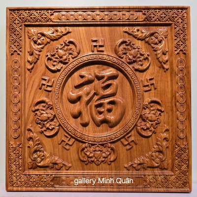 Tranh gỗ chữ Ngũ Phúc Lâm Môn ( Chữ Phúc 5 con dơi) treo phong thủy