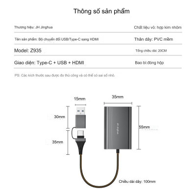 SOAIY Cáp USB Type-C Ra HDMI Cho Tất Cả Dòng PC, Máy Tính, Laptop Kết Nối Lên Màn Hình Tivi JH-Z935 - Hàng Nhập Khẩu