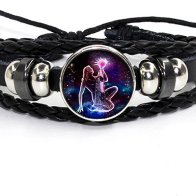 Vòng Đeo Tay Giả Cổ Dây Da Bệt Tết Phong Cách Retro Mặt Vòng Hình 12 Cung Hoàng Đạo Có Thể Điều Chỉnh Độ Rộng