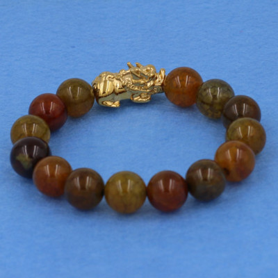 Chuỗi đeo tay đá vân rồng 12 ly - cẩn Tỳ Hưu inox vàng VVRTHV12 - hợp mệnh Kim, mệnh Mộc