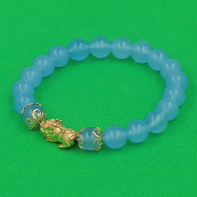 Vòng đeo tay Thạch Anh Xanh Biển 8 ly - cẩn Tỳ Hưu Phong Thủy inox vàng VTAXBTHHKV8 - hợp mệnh Mộc, mệnh Thủy