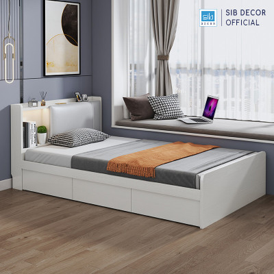 Giường Gỗ Đơn Dài 1.2m Phối Đèn LED và 3 Ngăn Kéo Màu Trắng SIB Decor GN14