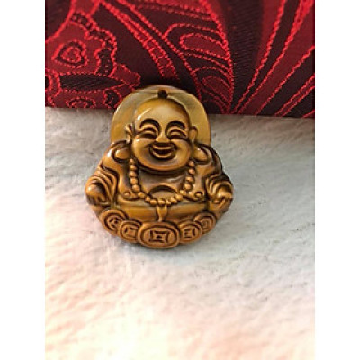 MẶT DÂY CHUYỀN PHẬT DI LẶC VUI ĐẦY TIỀN ĐÁ MẮT HỔ TỰ NHIÊN VÀNG NÂU  SIZE CAO 37MM X NGANG 34MM X SÂU 7MM  HỢP MỆNH KIM THỔ THỦY
