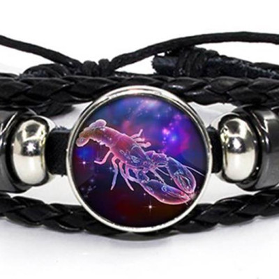 Vòng Đeo Tay Giả Cổ Dây Da Bệt Tết Phong Cách Retro Mặt Vòng Hình 12 Cung Hoàng Đạo Có Thể Điều Chỉnh Độ Rộng