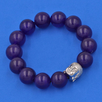 Vòng đeo tay Thạch Anh Tím 14 ly cẩn hạt Phật A Di Đà inox bạc VTAINLT14 - hợp mệnh Hỏa, mệnh Thổ