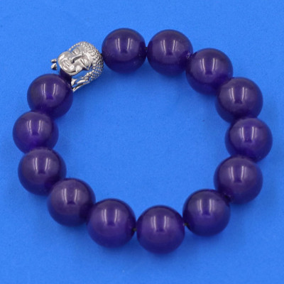 Vòng đeo tay Thạch Anh Tím 14 ly cẩn hạt Phật A Di Đà inox bạc VTAINLT14 - hợp mệnh Hỏa, mệnh Thổ