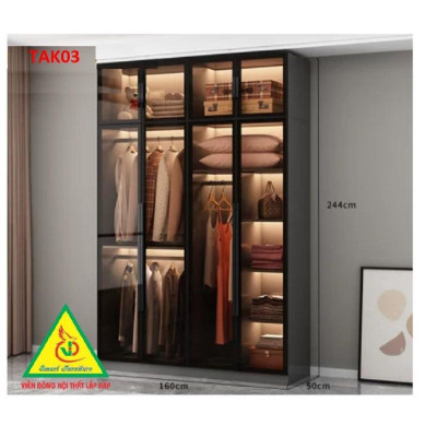 Tủ quần áo gỗ MDF cánh kính cường lực khung nhôm TAK02 - Nội thất lắp ráp Viendong Adv