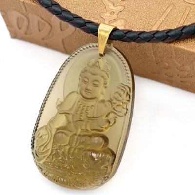 Vòng cổ dây da Bồ Tát Phổ Hiền đá Obsidian 5cm - phật bản mệnh tuổi Sửu, tuổi Dần