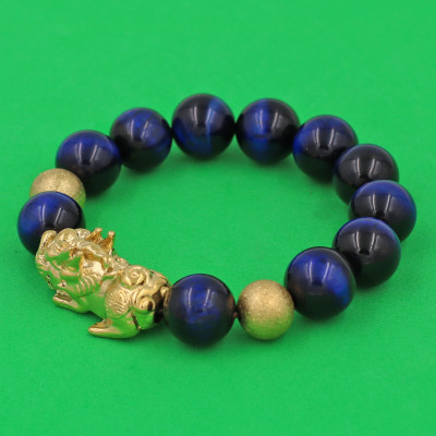 Vòng chuỗi đeo tay đá mắt hổ vàng đen 14 ly ( size lớn ) charm tỳ hưu và bi inox vàng, vòng tay chuỗi hạt