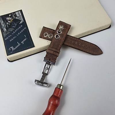 [Da thật] Dây đồng hồ nam thủ công da bò sáp AL113LEA (Nâu) (Kèm hộp + phụ kiện) Size 20/Size 22 - 100% da bò thật