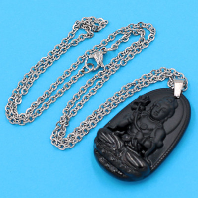 Vòng cổ phật Đại Thế Chí Bồ Tát - thạch anh đen 3.6cm DITTEB4 - dây inox bạc - kèm hộp nhung - tuổi Ngọ