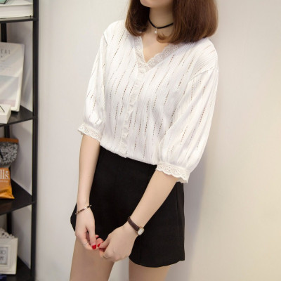 Áo sơ mi nữ công sở cổ V thanh lịch, họa tiết trơn phối viền ren siêu xinh, phong cách Hàn Quốc HB185