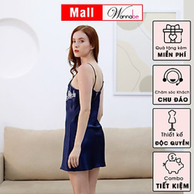 Đầm ngủ WANNABE DNS17 váy ngủ 2 dây lụa mềm mịn mát kiểu dáng đơn giản dễ mặc phối ren thêu Nhật siêu xinh