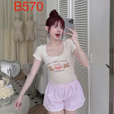 Bộ đồ ngủ B570 tay ngắn quần đùi áo cotton họa tiết gấu quần kate