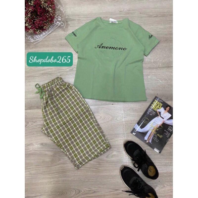 Đồ bộ nữ,đồ ngủ mặc nhà lửng áo vải thun cotton phối quần kaki thời trang.