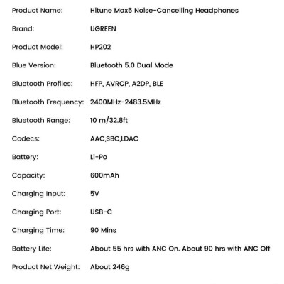 Ugreen UG15809HP202TK HiRes DNN HiTune Max5 Hybrid Active Noise Cancelling tai nghe chụp OnEar bluetooth chống ồn màu trắng 43dB ANC pin 90h tặng cáp sạc type c và cáp 3.5mm - HÀNG CHÍNH HÃNG
