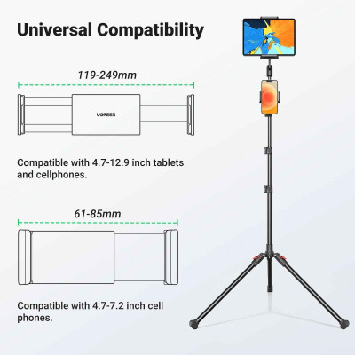 Ugreen UG15647LP585TK Tripod 3 chân đế màu đen Gậy tự chụp ảnh kẹp điện thoại và máy tính bảng - HÀNG CHÍNH HÃNG