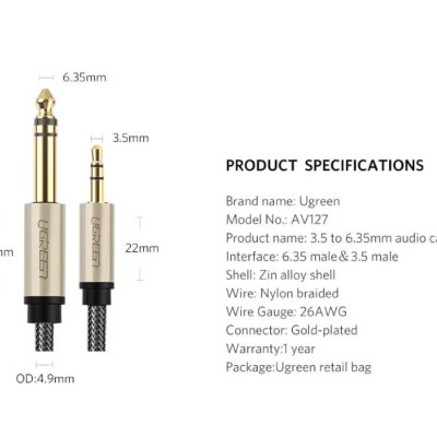 Ugreen UG40805AV127TK 3M màu Đen Cáp âm thanh 3.5mm sang 6.5mm cao cấp - HÀNG CHÍNH HÃNG