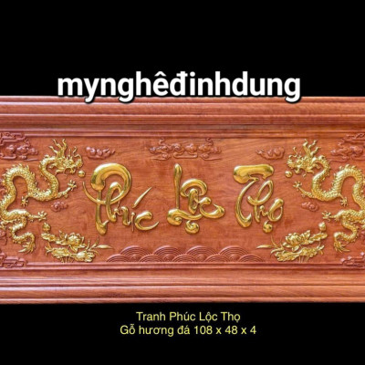 Tranh khắc chữ phúc lộc thọ bằng gỗ hương đá kt 48x108x4cm