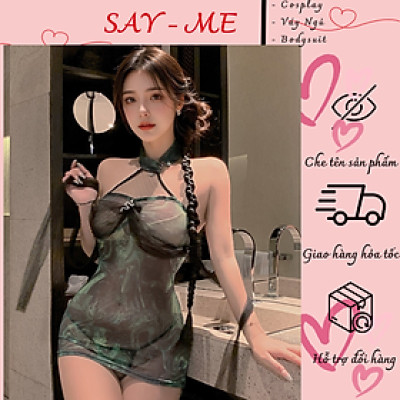 Váy Ngủ Lưới Mỏng Cổ Yếm Họa Tiết Á Đông ,Váy Ngủ Ren Cổ Yếm Cách Tân ,Đầm Lưới Ngủ Hoạ Tiết Khói Loang ,Set Váy Ngủ Cổ Tàu Xuyên Thấu Cổ Trang 