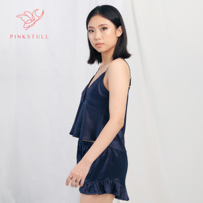 Bộ đồ ngủ hai dây ngắn Pink Stull nút bọc xanh đậm