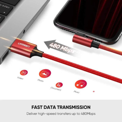 Ugreen UG60555US299TK 1m cáp usb lightning bọc nhôm chống nhiễu góc 90 độ màu đỏ - HÀNG CHÍNH HÃNG
