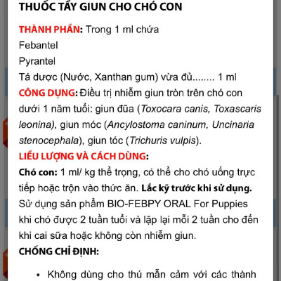 Bio Febpy Oral uống xổ giun trên chó con