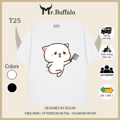 Áo đôi , áo thun cặp nam nữ tay lỡ Unisex mèo mochi dượt nhau form rộng vải cotton 100% T25T26 - Mr.Buffalo