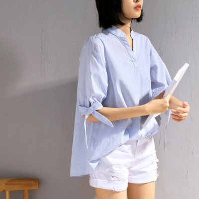 Áo sơ mi nữ Haint Boutique tay lỡ cổ chữ V hoạ tiết kẻ sọc thiết kế hợp thời trang sơmi nữ HB174