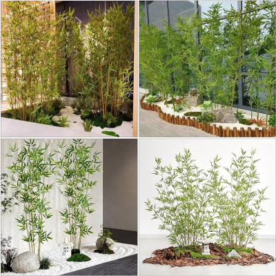 Trúc giả trang trí Set 20 cây trúc xịn nhiều lá kèm 2,5m chậu hàng rào - Cây giả, hoa lụa Decor trang trí nhà cửa
